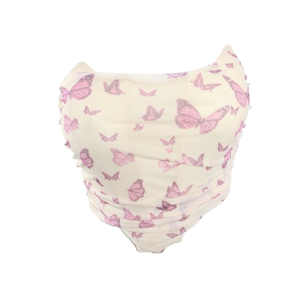 New Arrival:Butterfly Print Semi-Sheer Corset Crop Top - Cream/Pink